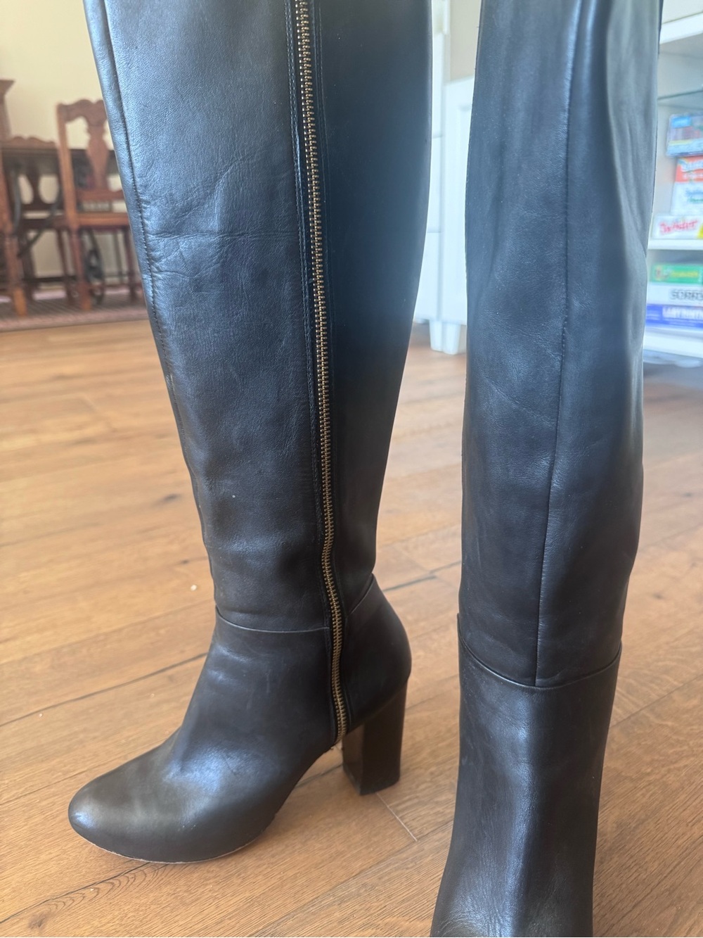 Classic Black Leather Knee-High Boots with Side Zip